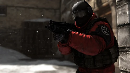 Snowbound red-ops trooper stalks a frozen urban crossfire.
