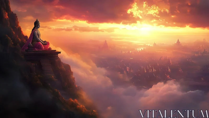 Meditating deity overlooks radiant cloud city at sunrise