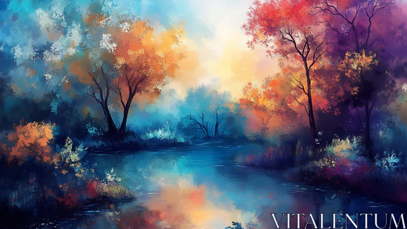 Color saturated river landscape shows trees reflecting in water