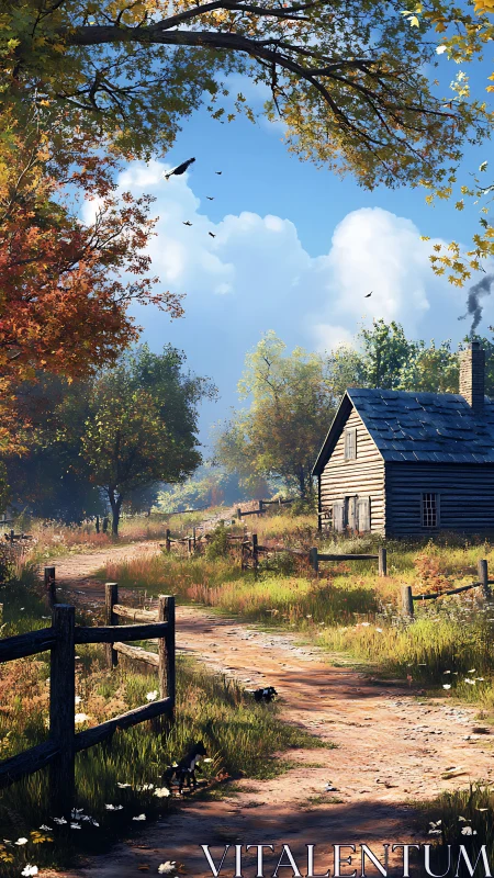 Rural dirt path leading to wooden cabin in autumn light.