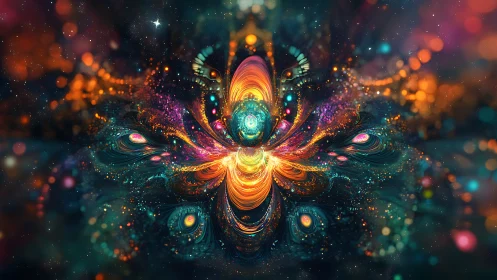 Galactic bloom ignites in swirling neon cosmic petals.