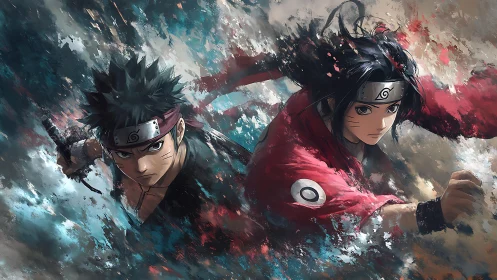 Two stylized shinobi advance through abstract turbulent motion