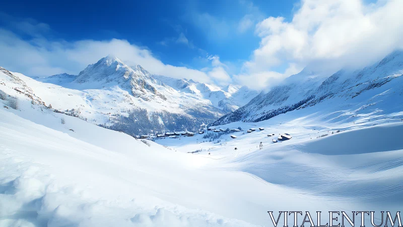 Snow covered alpine valley with distant mountain village.