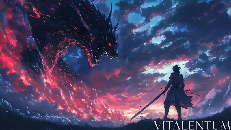 Skyborn warrior meets flame-torn dragon at dusk’s edge.