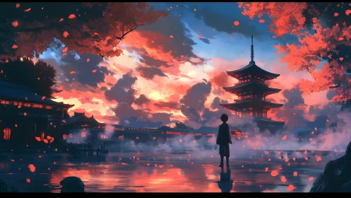 Silhouette child near pagoda under vivid sunset sky.