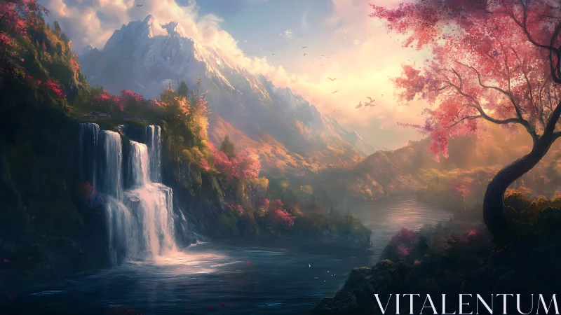 Sunlit waterfall valley curves toward distant snow peaks