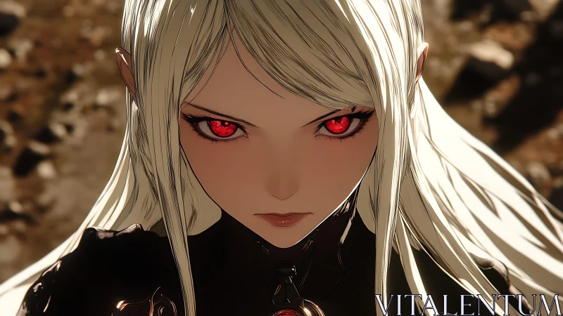 Scarlet-eyed warrior in luminous anime close-up portrait.