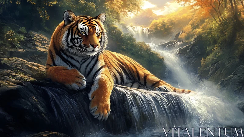 Majestic tiger reclines on waterfall ledge in glowing forest.