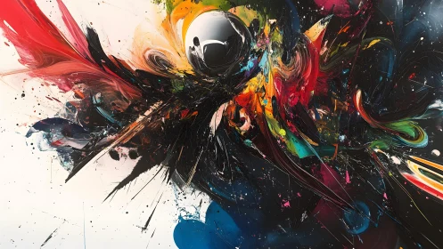 Vivid Abstract Explosion With Metallic Sphere in Dynamic Brushstrokes.