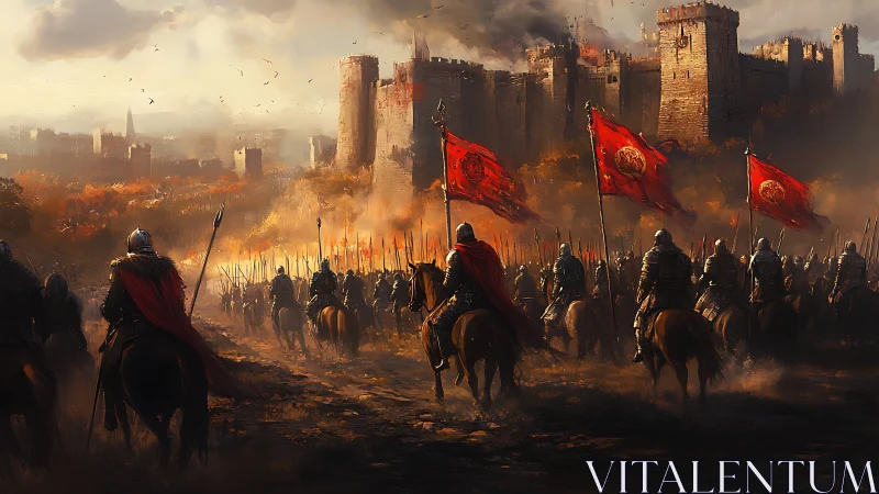 Scarlet banners ride toward a burning medieval fortress.