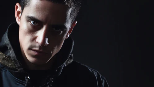 Low-key male portrait with directional rim lighting on hoodie.