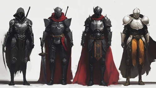 Four armored knights stand in formation wearing red capes
