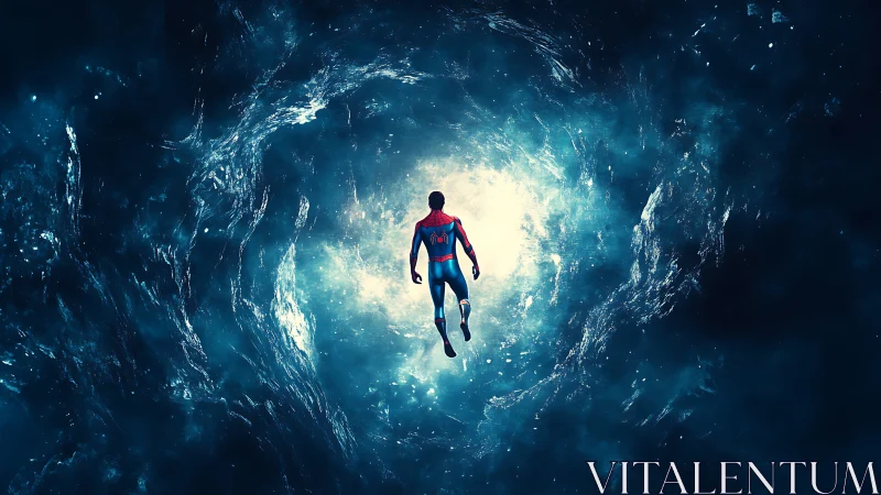 Brave superhero drifts toward a glowing cosmic portal of light