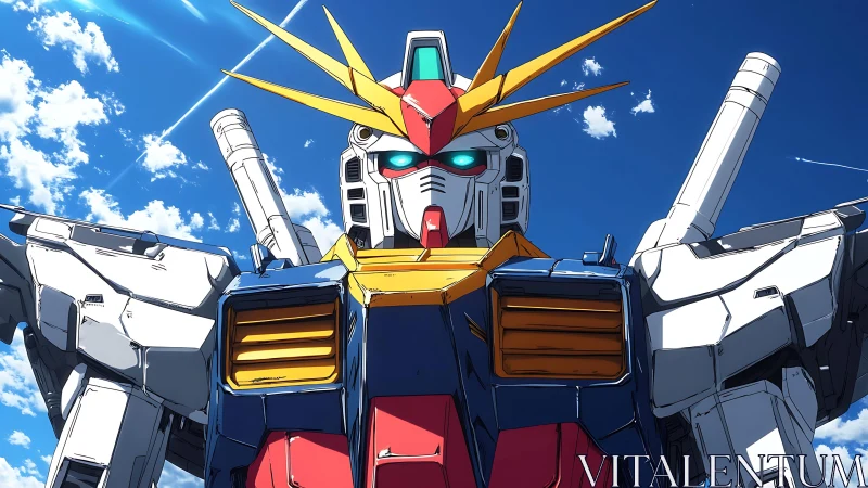 Towering mecha warrior stands beneath a brilliant summer sky