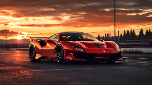 Red Italian supercar cuts sleek silhouette under fiery sunset.