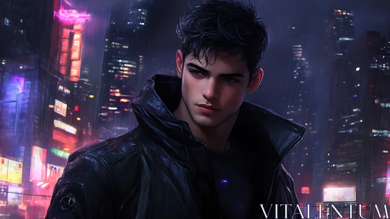 Neon rain broods over a lone cyberpunk nightwalker.