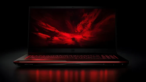 Sleek gaming laptop glowing with intense red backlight.