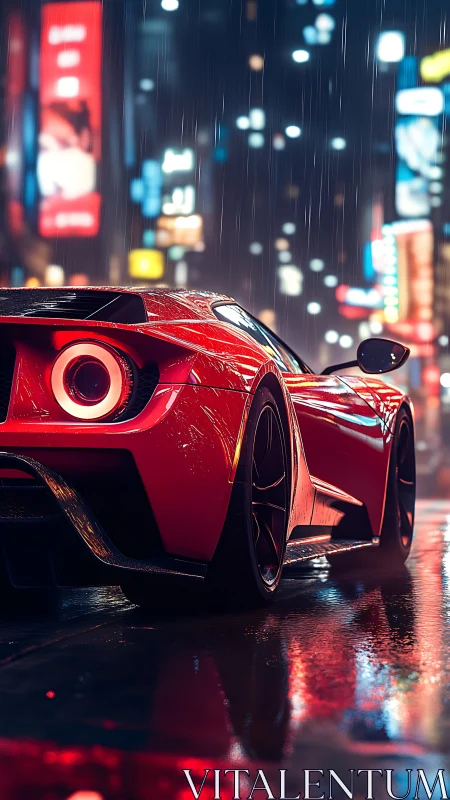 Red supercar under neon city rain, cinematic rear view.