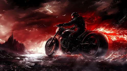 Fiery cosmic rider races boldly across a storm lit wasteland