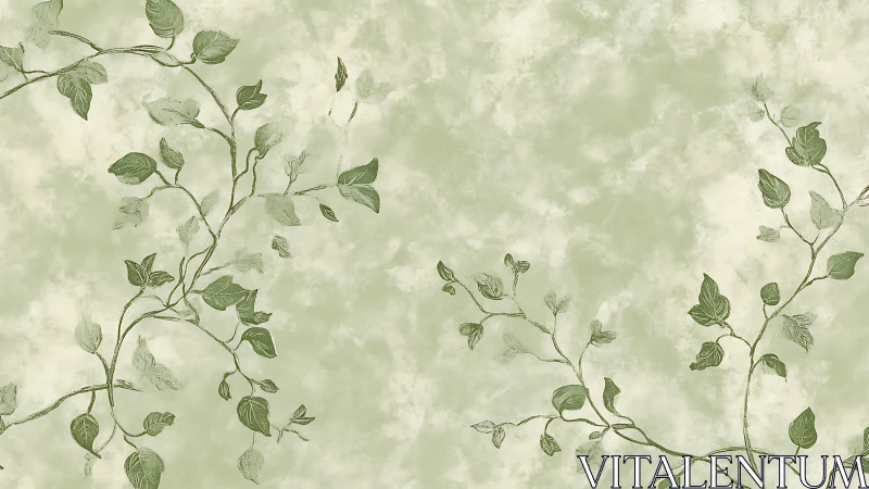 Soft green vine branches curl across a mottled backdrop.
