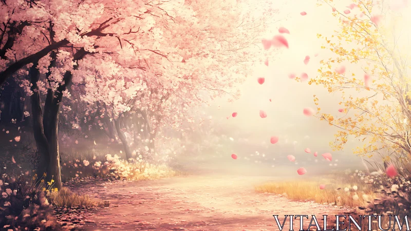 Digital painting of luminous blossom path with drifting petals.