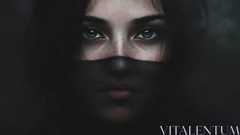 Veiled gaze emerges from shadowed darkness in close portrait.
