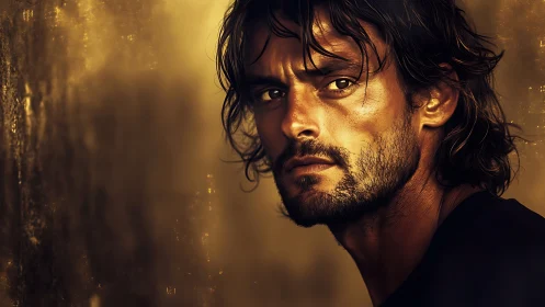Photorealistic male portrait in dramatic golden side light.