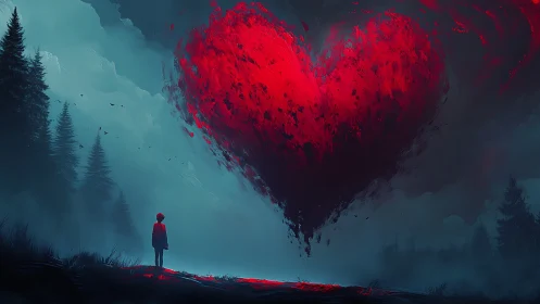 Solitary Figure Observing Massive Crimson Levitating Heart.
