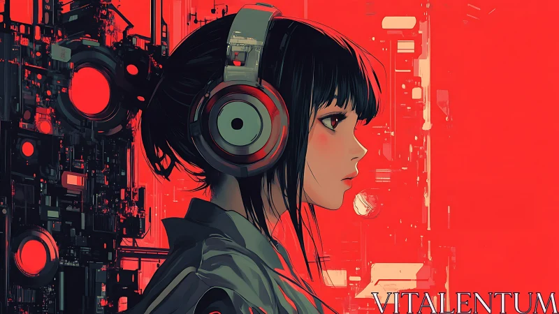 Cyberpunk profile portrait with neon red auditory rig.