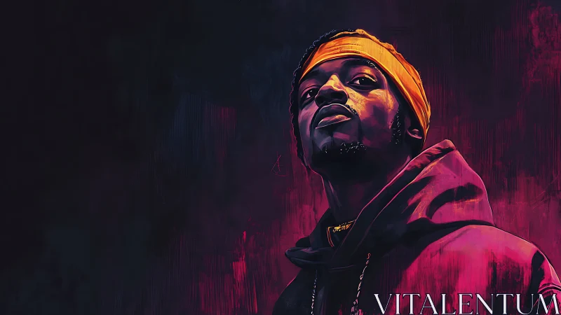 Neon-lit portrait captures confident hooded figure in profile.