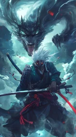 Stormlit ronin and spectral wolf unleash a skybound fury.