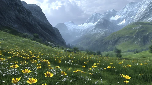 Mountain valley meadow with wildflowers under cloudy sky.
