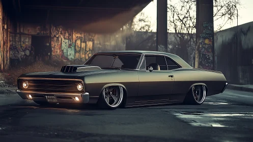 Custom muscle car parked in gritty urban underpass scene.