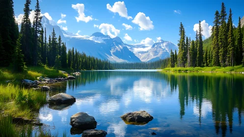 Alpine lake mirrors snowy peaks beneath a clear summer sky