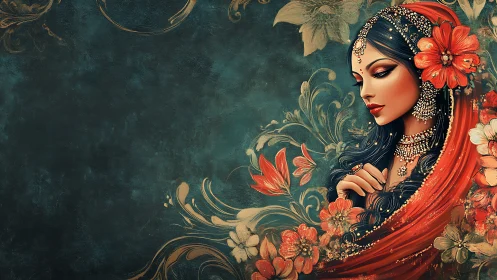 Elegant Indian Woman Portrait with Floral Motifs in Artistic Style.