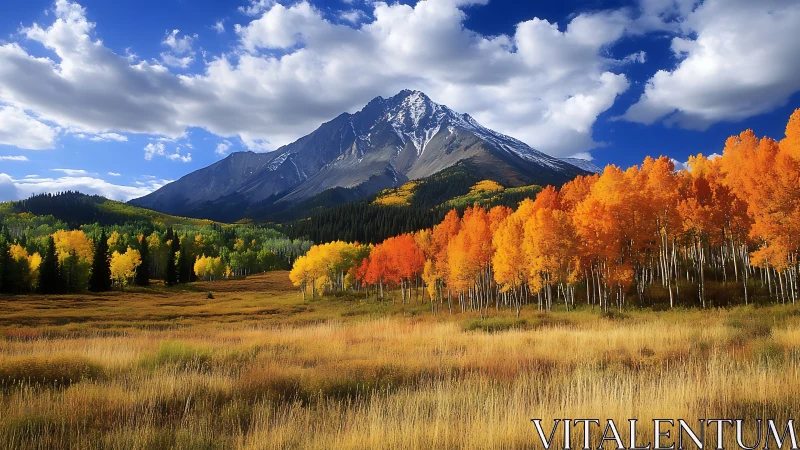 Golden autumn aspens beneath a calm snow-dusted mountain.