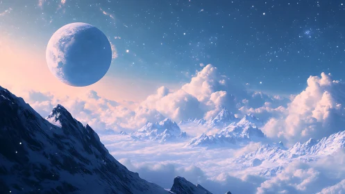 Frozen alien mountains under vast moonlit sky panorama.