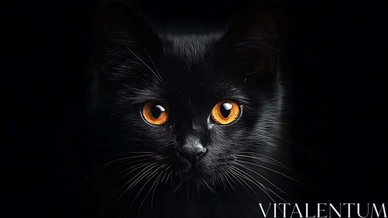 Black Feline with Luminescent Amber Eyes Against Dark Background