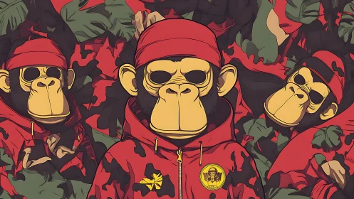 Stylized primates in red patterned hoodies and caps.