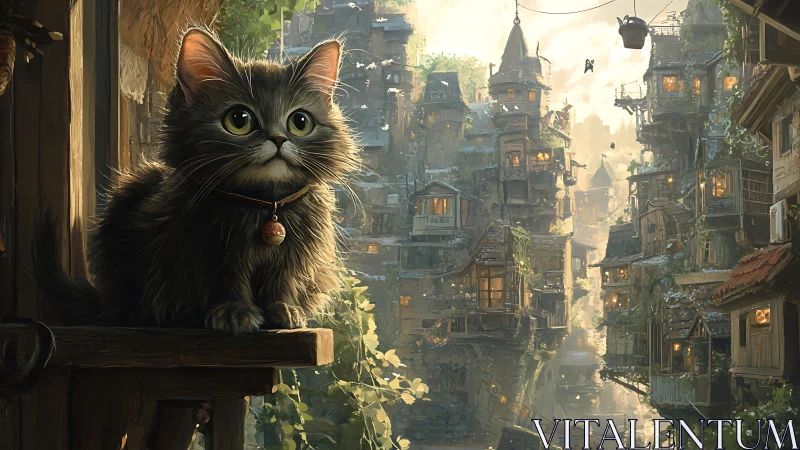Felid Subject Positioned Within Steampunk Urban Landscape.