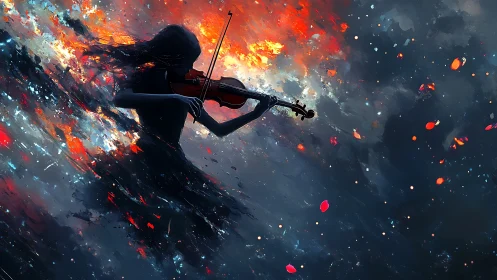 Violin silhouette conducting combustion-tinted cosmic turbulence.