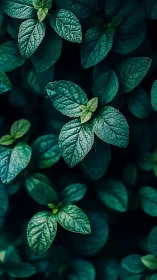 Overhead close-up view of textured green plant leaves.