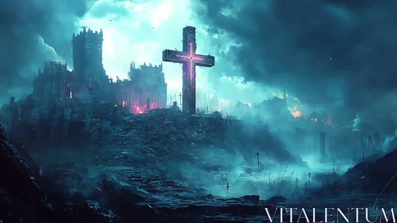 Glowing cross dominates ruined fortress under stormy cyan sky
