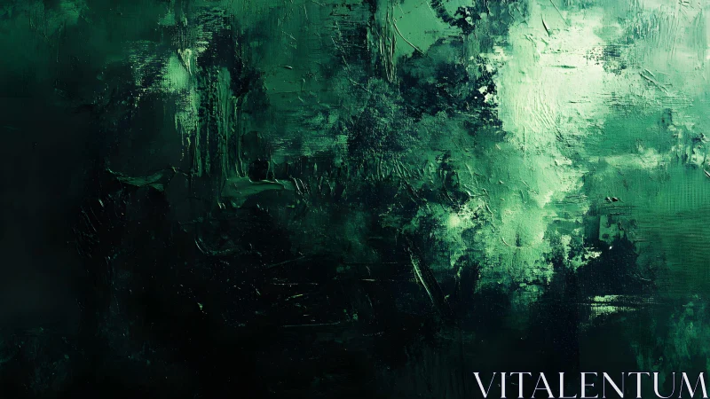 Deep Green Abstract Oil Painting with Textured Brush Strokes.