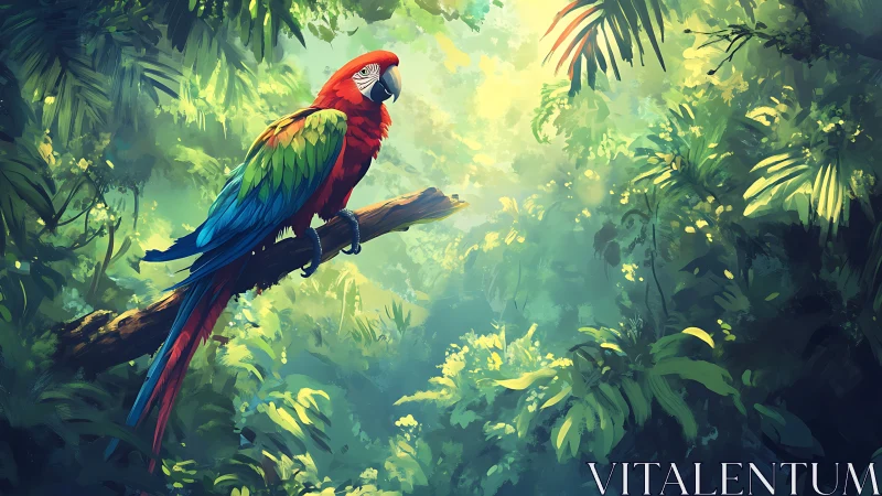 Digital painting of scarlet macaw in lush rainforest canopy.
