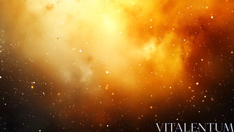 Stellar dust cloud with dispersed glowing particles in space.