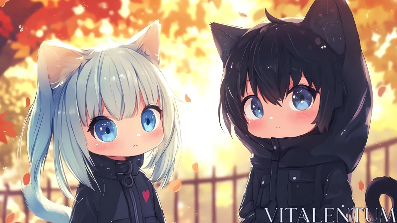 Cat-eared chibi friends share a soft autumn evening glow