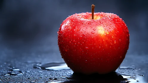 Photorealistic macro study of dewy red apple on dark ground.