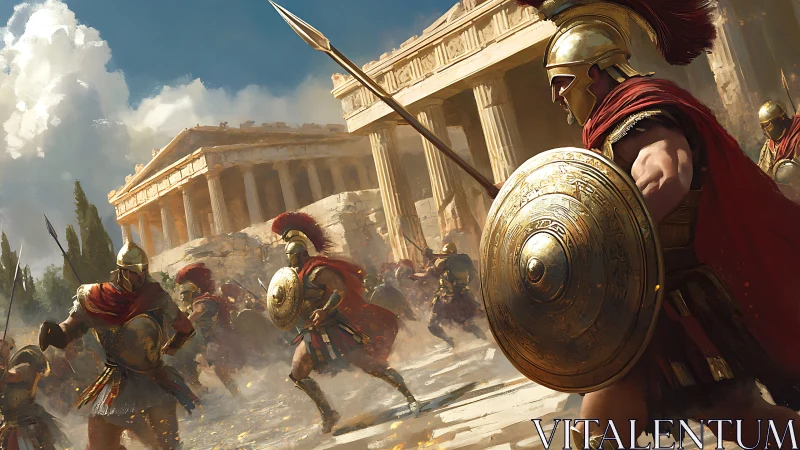 Armored Greek hoplites advance past sunlit Doric temples in battle