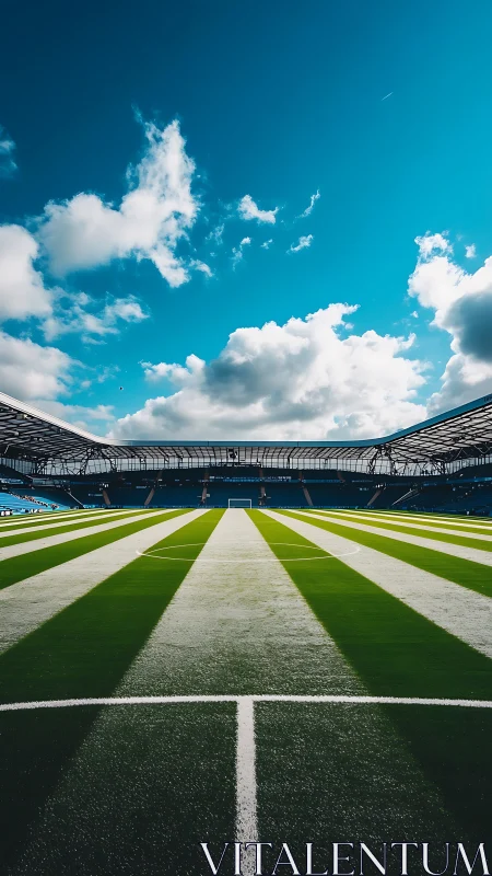 Sunlit football stadium field under expansive blue sky.